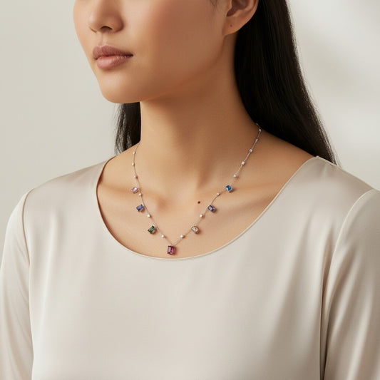Siora Jewels Prism Glow 925 Silver Necklace for Women | Rhodium Finish with Multicolour Gemstones & Zircon Detailing