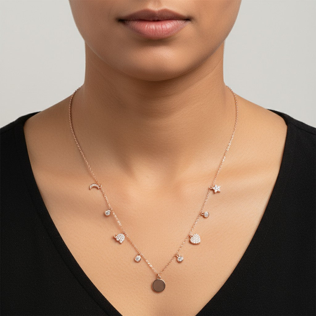Siora Jewels Celestial Charm 925 Silver Necklace for Women | Rose Gold Finish with Star, Moon & Heart Motifs