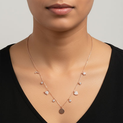 Siora Jewels Celestial Charm 925 Silver Necklace for Women | Rose Gold Finish with Star, Moon & Heart Motifs