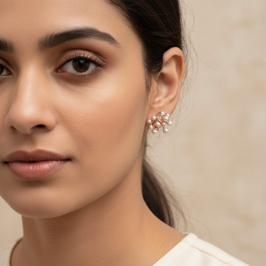 Siora Jewels Pearl Cluster 925 Silver Earrings for Women | Rose Gold Finish with Delicate Pearl Detailing