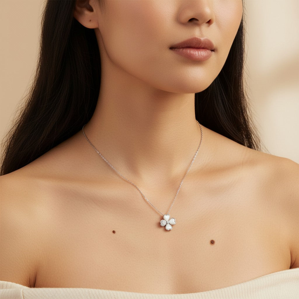 Siora Jewels Lucky Charm 925 Sterling Silver Clover Necklace for Women | Rhodium Finish with Zircon Detailing
