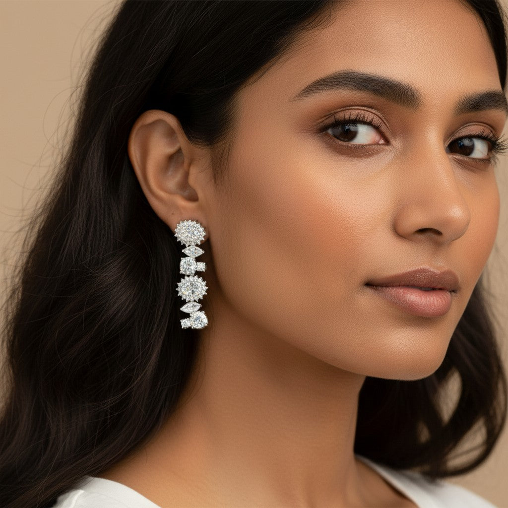 Siora Jewels Celeste Cluster CZ 925 Silver Earrings for Women | Rhodium Finish with Multi-Stone Detailing