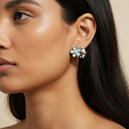Siora Jewels Blue Bloom 925 Silver Earrings for Women | Rhodium Finish with Pastel Enamel & Zircon Detailing