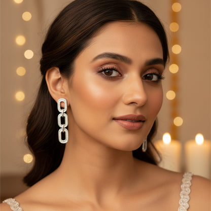 Siora Jewels Link Luxe CZ 925 Silver Earrings for Women | Rhodium Finish with Geometric Detailing