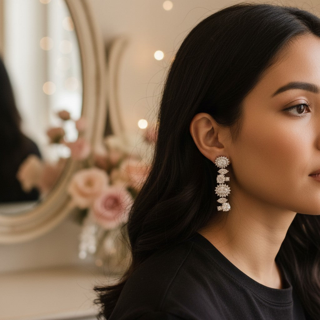 Siora Jewels Celeste Cluster CZ 925 Silver Earrings for Women | Rhodium Finish with Multi-Stone Detailing