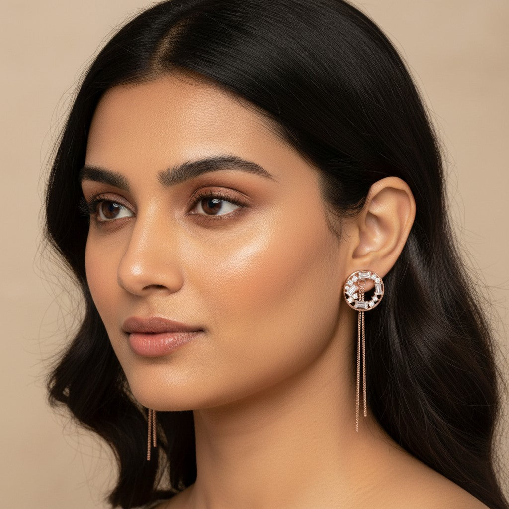 Siora Jewels Circle Cascade 925 Silver Earrings for Women | Rose Gold Finish with Zircon & Chain Tassel Detailing