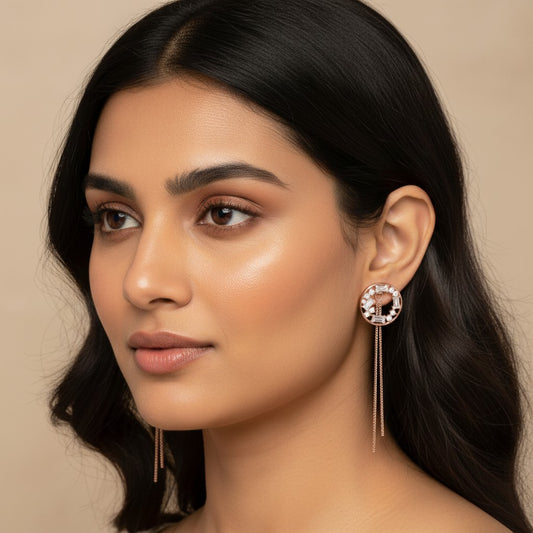 Siora Jewels Circle Cascade 925 Silver Earrings for Women | Rose Gold Finish with Zircon & Chain Tassel Detailing