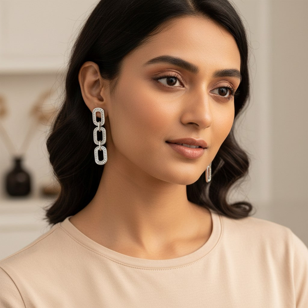 Siora Jewels Link Luxe CZ 925 Silver Earrings for Women | Rhodium Finish with Geometric Detailing