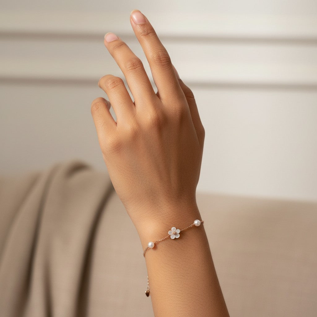 Siora Jewels Floral Pearl 925 Silver Bracelet for Women | Rose Gold Finish with Pearl & Floral Detailing