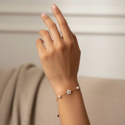 Siora Jewels Floral Pearl 925 Silver Bracelet for Women | Rose Gold Finish with Pearl & Floral Detailing
