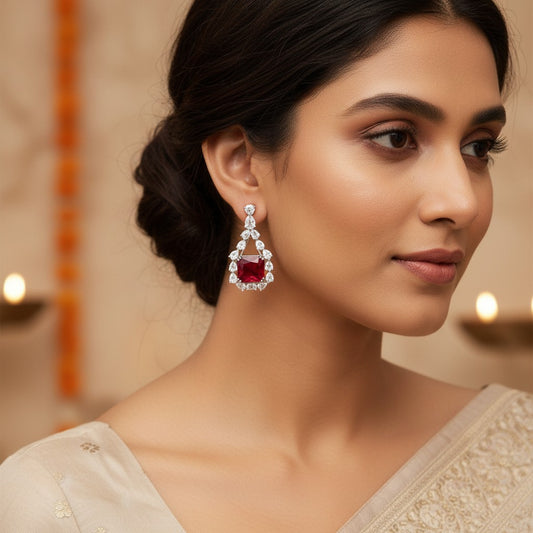 Siora Jewels White CZ 925 Silver Earrings for Women | Rhodium Finish with Red Detailing