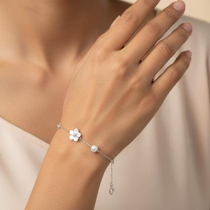 Siora Jewels Floral Pearl 925 Silver Bracelet for Women | Rhodium Finish with Luminous Pearls & Delicate Motifs