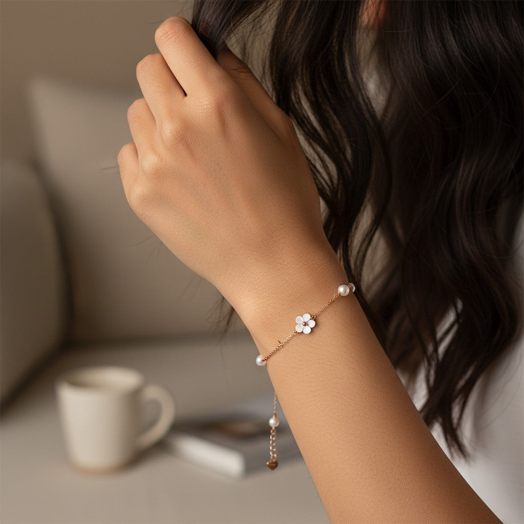 Siora Jewels Floral Pearl 925 Silver Bracelet for Women | Rose Gold Finish with Pearl & Floral Detailing