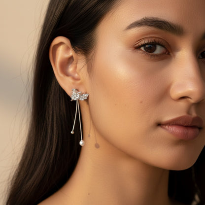 Siora Jewels Floral Drape 925 Silver Earrings for Women | Rhodium Finish with Zircon & Pearl Detailing