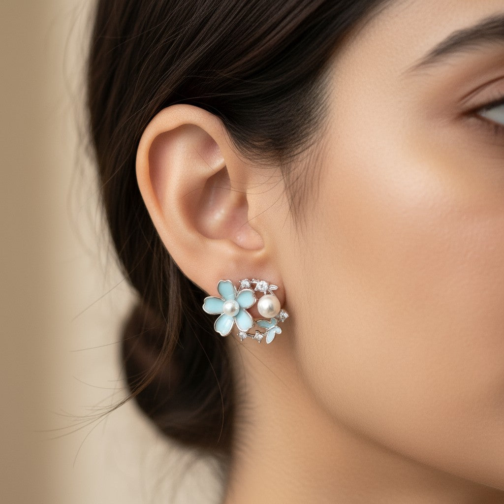 Siora Jewels Blue Bloom 925 Silver Earrings for Women | Rhodium Finish with Pastel Enamel & Zircon Detailing