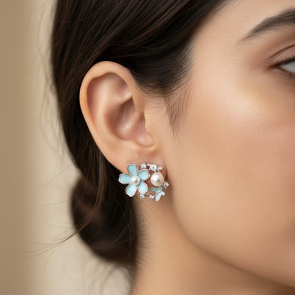 Siora Jewels Blue Bloom 925 Silver Earrings for Women | Rhodium Finish with Pastel Enamel & Zircon Detailing