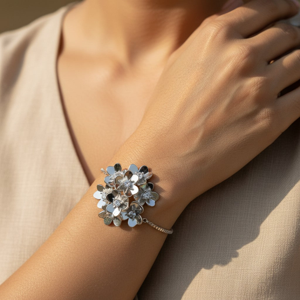 Siora Jewels Bloom Cluster 925 Silver Bracelet for Women | Rhodium Finish with Layered Floral & Zircon Detailing