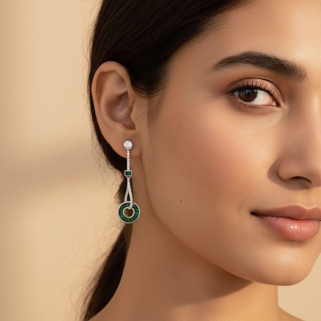 Siora Jewels Emerald Orbit 925 Silver Earrings for Women | Rhodium Finish with Zircon & Green Stone Detailing