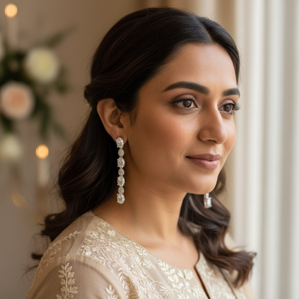 Siora Jewels Aurora Drop CZ 925 Silver Earrings for Women | Rhodium Finish with Elongated Stone Detailing