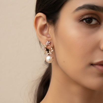 Siora Jewels Pearl Drop 925 Silver Earrings for Women | Rose Gold Finish with Floral Top & Luminous Pearls