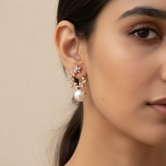 Siora Jewels Pearl Drop 925 Silver Earrings for Women | Rose Gold Finish with Floral Top & Luminous Pearls