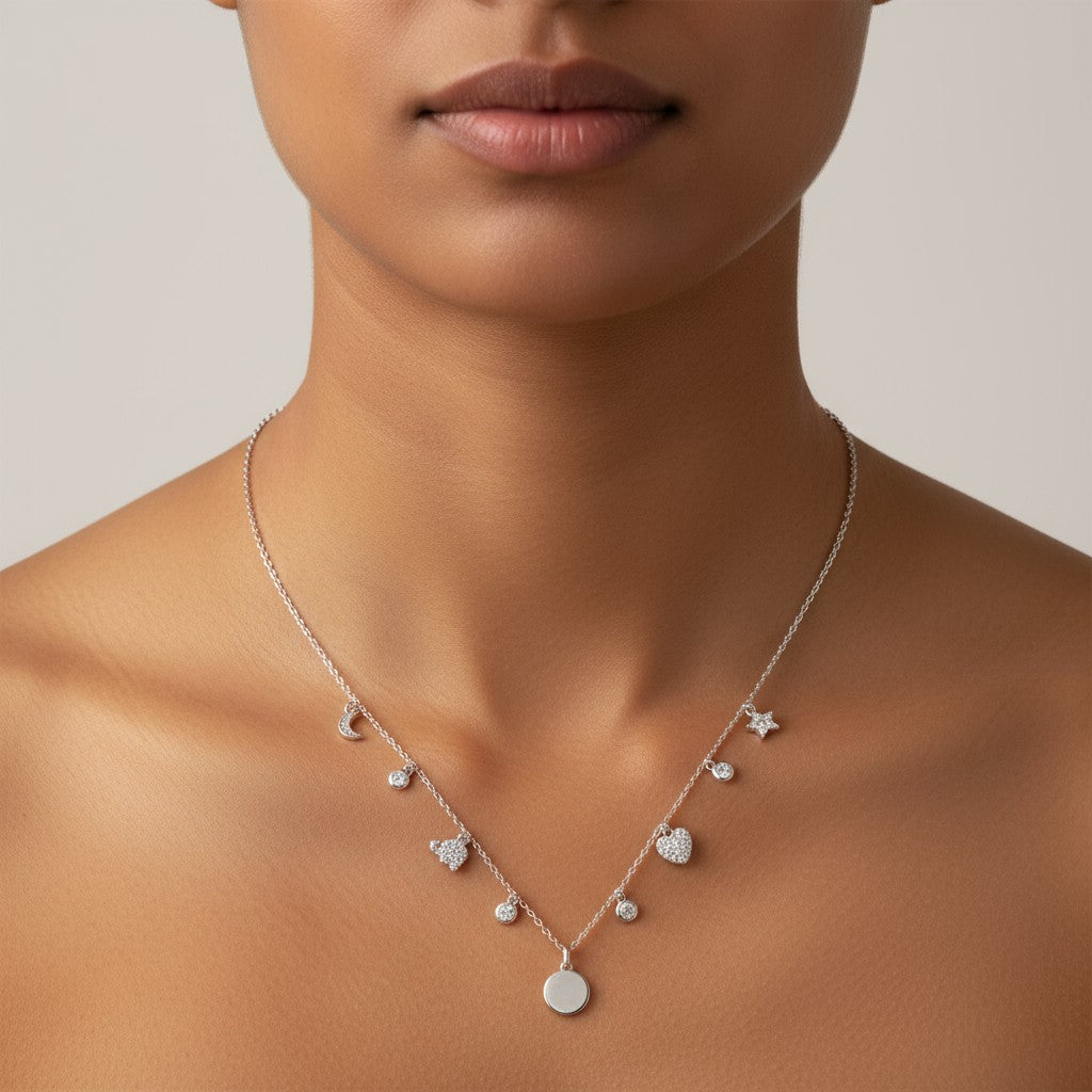 Siora Jewels Celestial Charm 925 Silver Necklace for Women | Rhodium Finish with Star, Moon & Heart Motifs