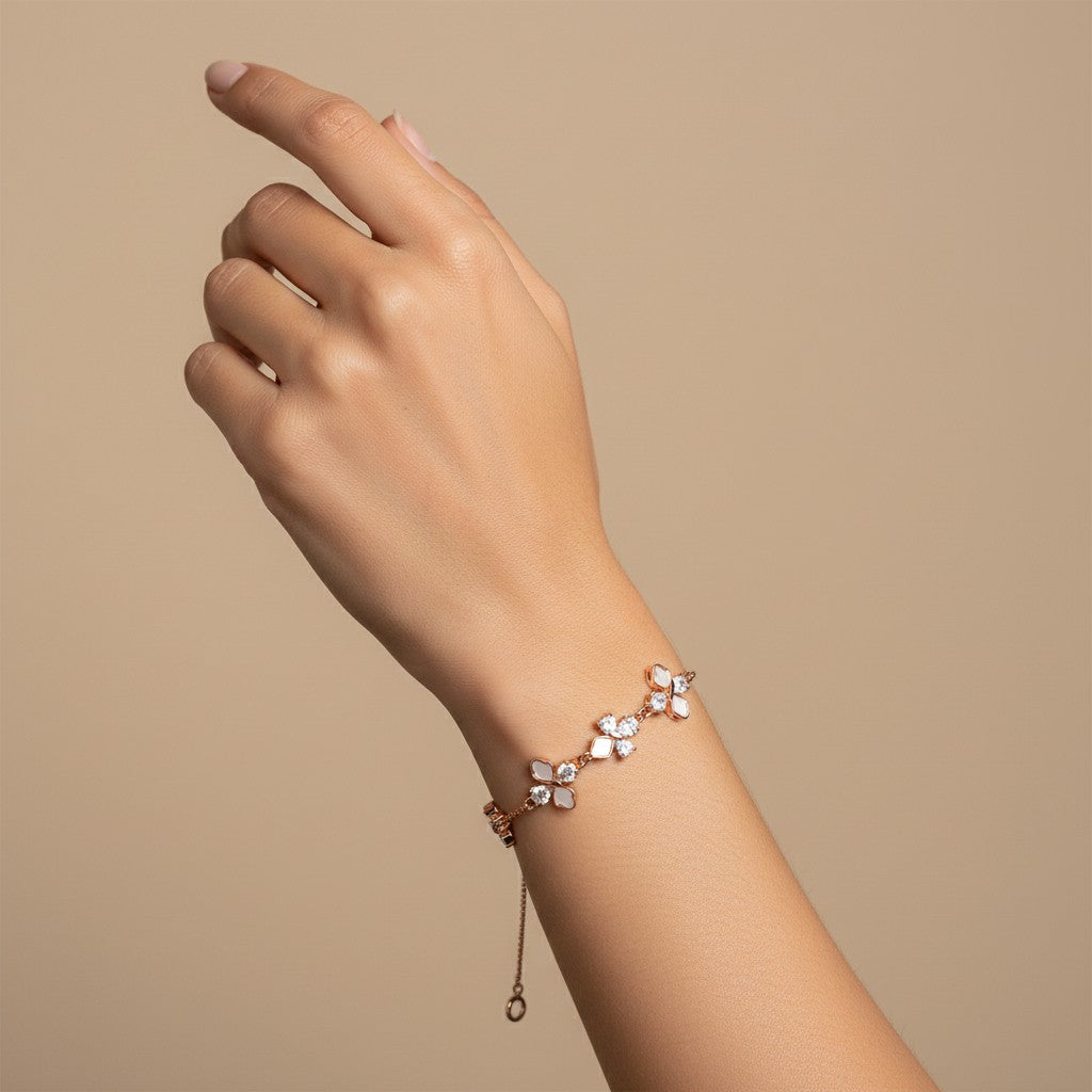 Siora Floral Charm 925 Silver Bracelet – Rose Gold Finish | Pearl & Floral Zircon Details