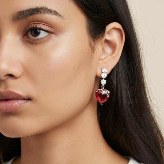 Siora Jewels Red Heart CZ 925 Silver Earrings for Women | Rhodium Finish with Bow Accent Detailing