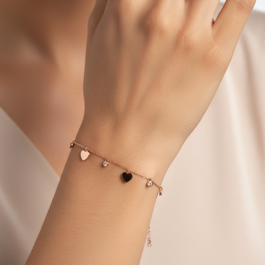 Siora Heart Charm 925 Silver Bracelet – Rose Gold Finish | Zircon Heart Accent