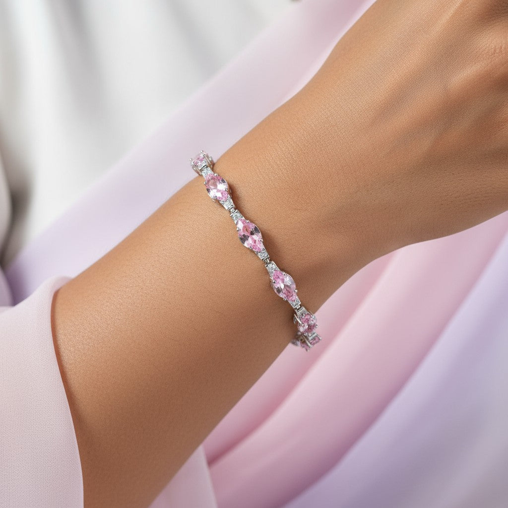 Siora Jewels Blush Petal 925 Silver Bracelet for Women | Rhodium Finish with Pink Zircon Detailing