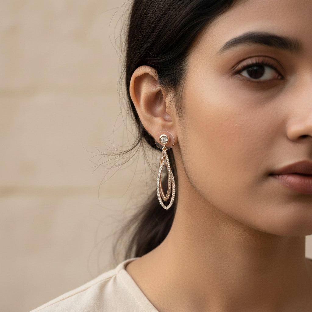 Siora Jewels Luxe Loop 925 Silver Earrings for Women | Rose Gold Finish with Zircon Detailing