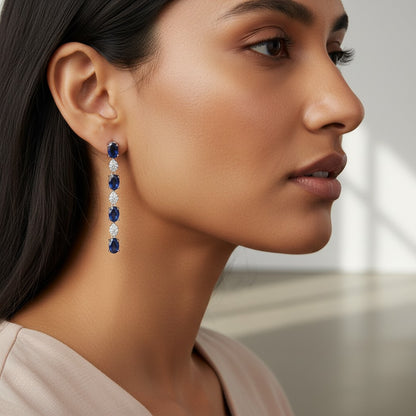 Siora Jewels Azure Drop CZ 925 Silver Earrings for Women | Rhodium Finish with Sapphire Blue Detailing