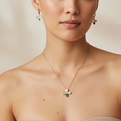 Siora Jewels Verdant Bloom 925 Silver Jewellery Set for Women | Rose Gold Finish with Green Enamel & Zircon Detailing