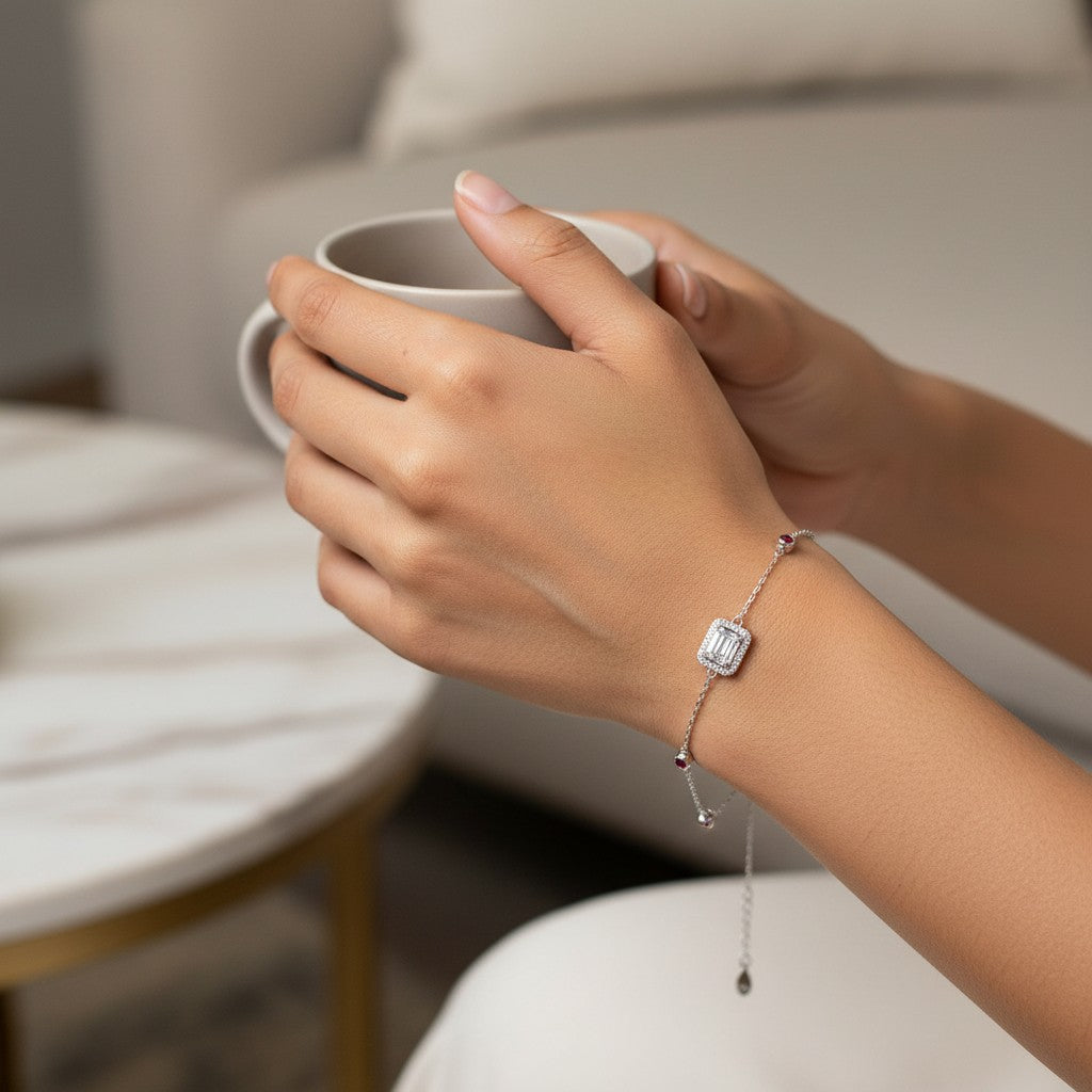 Siora Emerald‑Cut CZ 925 Silver Bracelet – Rhodium Finish | Central Zircon Accent