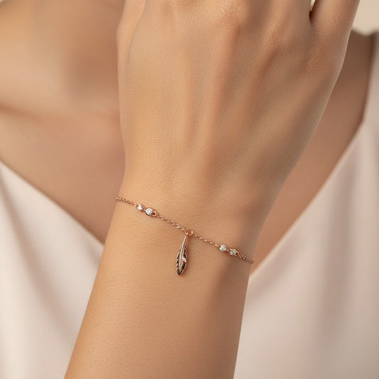 Siora Jewels Feather Charm 925 Silver Bracelet for Women | Rose Gold Finish with Delicate Detailing
