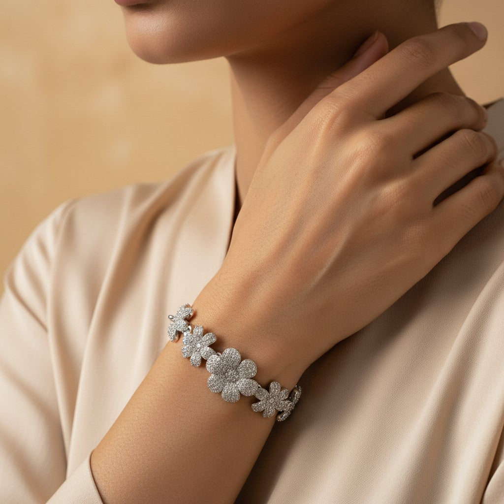 Siora Jewels Bloom Cascade 925 Silver Bracelet for Women | Rhodium Finish with Zircon Floral Detailing