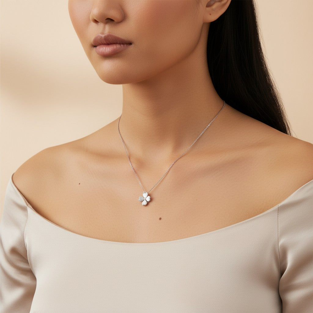 Siora Jewels Lucky Charm 925 Sterling Silver Clover Necklace for Women | Rhodium Finish with Zircon Detailing