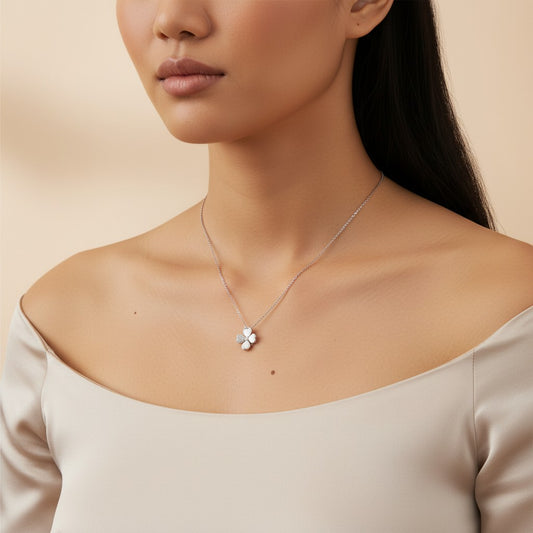 Siora Jewels Lucky Charm 925 Sterling Silver Clover Necklace for Women | Rhodium Finish with Zircon Detailing