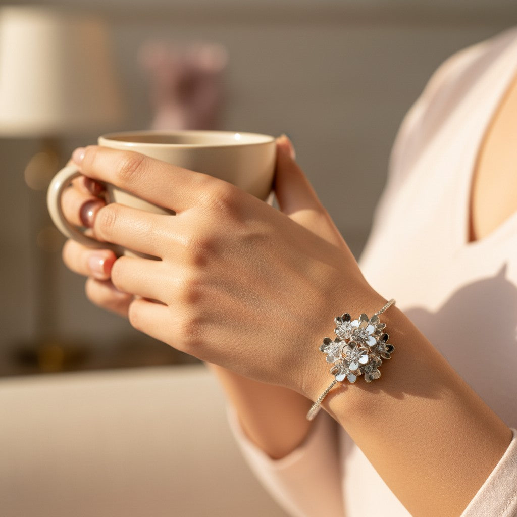 Siora Jewels Bloom Cluster 925 Silver Bracelet for Women | Rhodium Finish with Layered Floral & Zircon Detailing