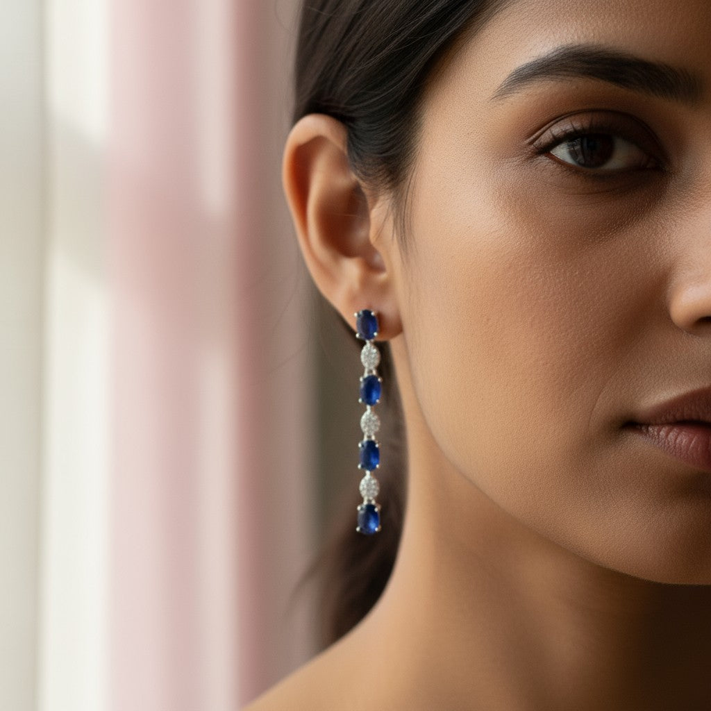 Siora Jewels Azure Drop CZ 925 Silver Earrings for Women | Rhodium Finish with Sapphire Blue Detailing