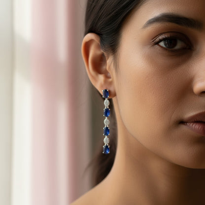 Siora Jewels Azure Drop CZ 925 Silver Earrings for Women | Rhodium Finish with Sapphire Blue Detailing