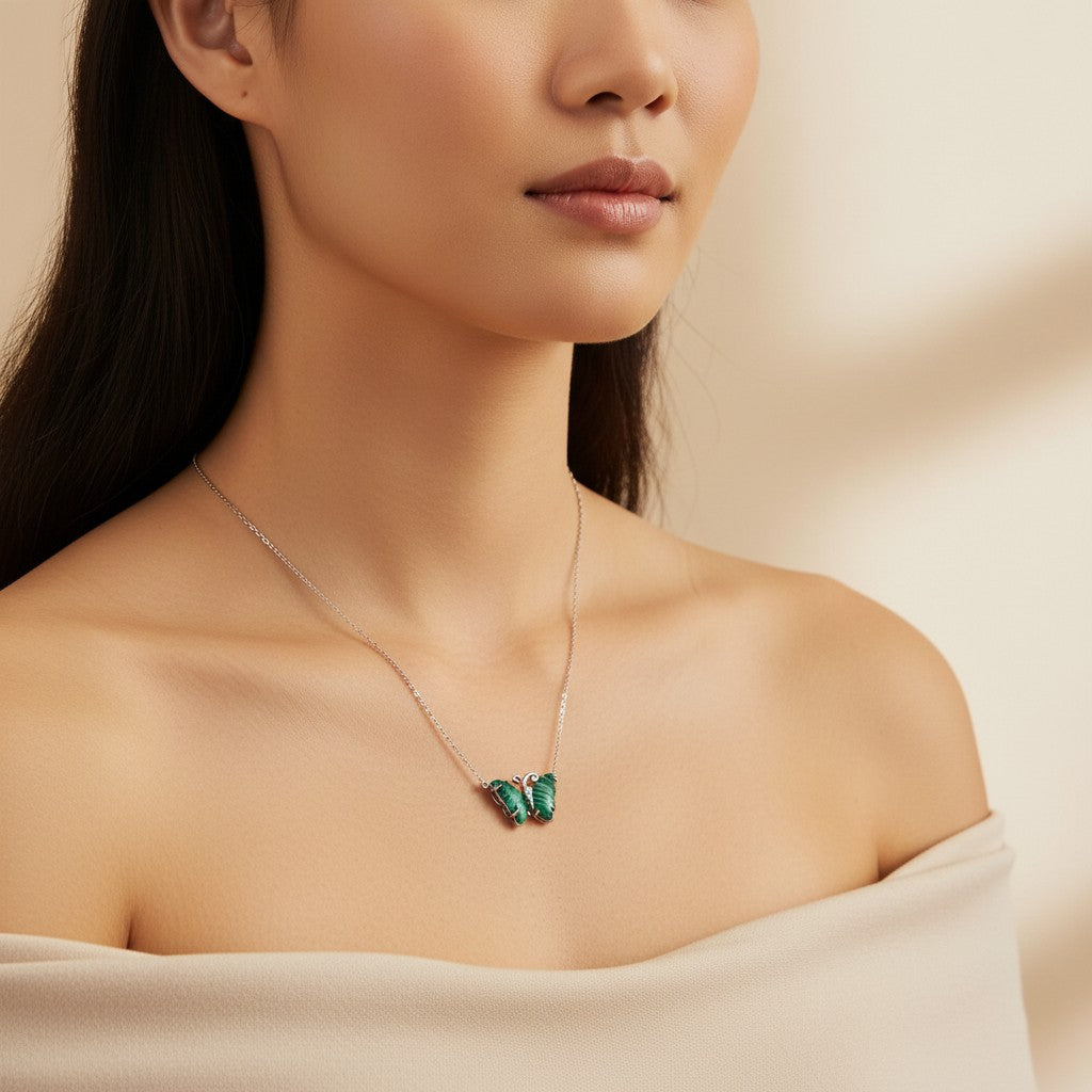 Siora Jewels Emerald Butterfly 925 Silver Necklace for Women | Rhodium Finish with Green Enamel & Zircon Detailing