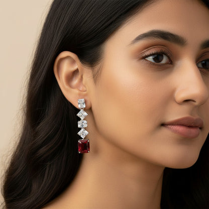 Siora Jewels White CZ 925 Silver Earrings for Women | Rhodium Finish with Red Detailing