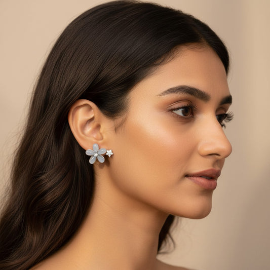 Siora Jewels White Bloom 925 Silver Earrings for Women | Rhodium Finish with Enamel & Zircon Detailing