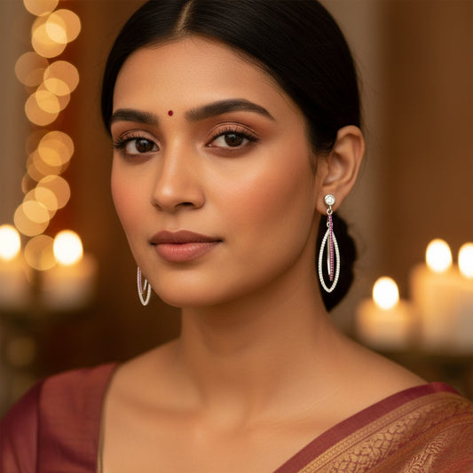 Siora Jewels Ruby Loop 925 Silver Earrings for Women | Rhodium Finish with Zircon & Ruby Detailing