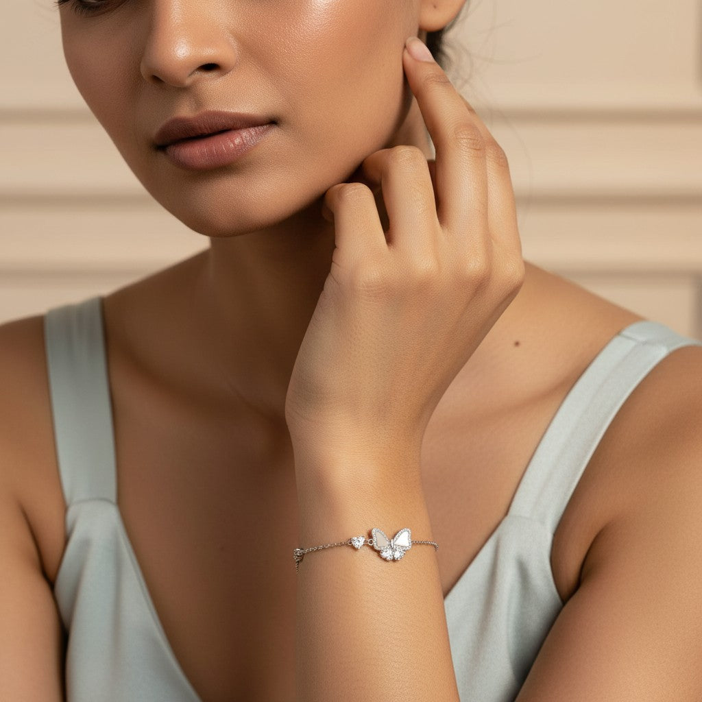 Siora Jewels Butterfly 925 Silver Bracelet for Women | Rhodium Finish with Zircon Detailing