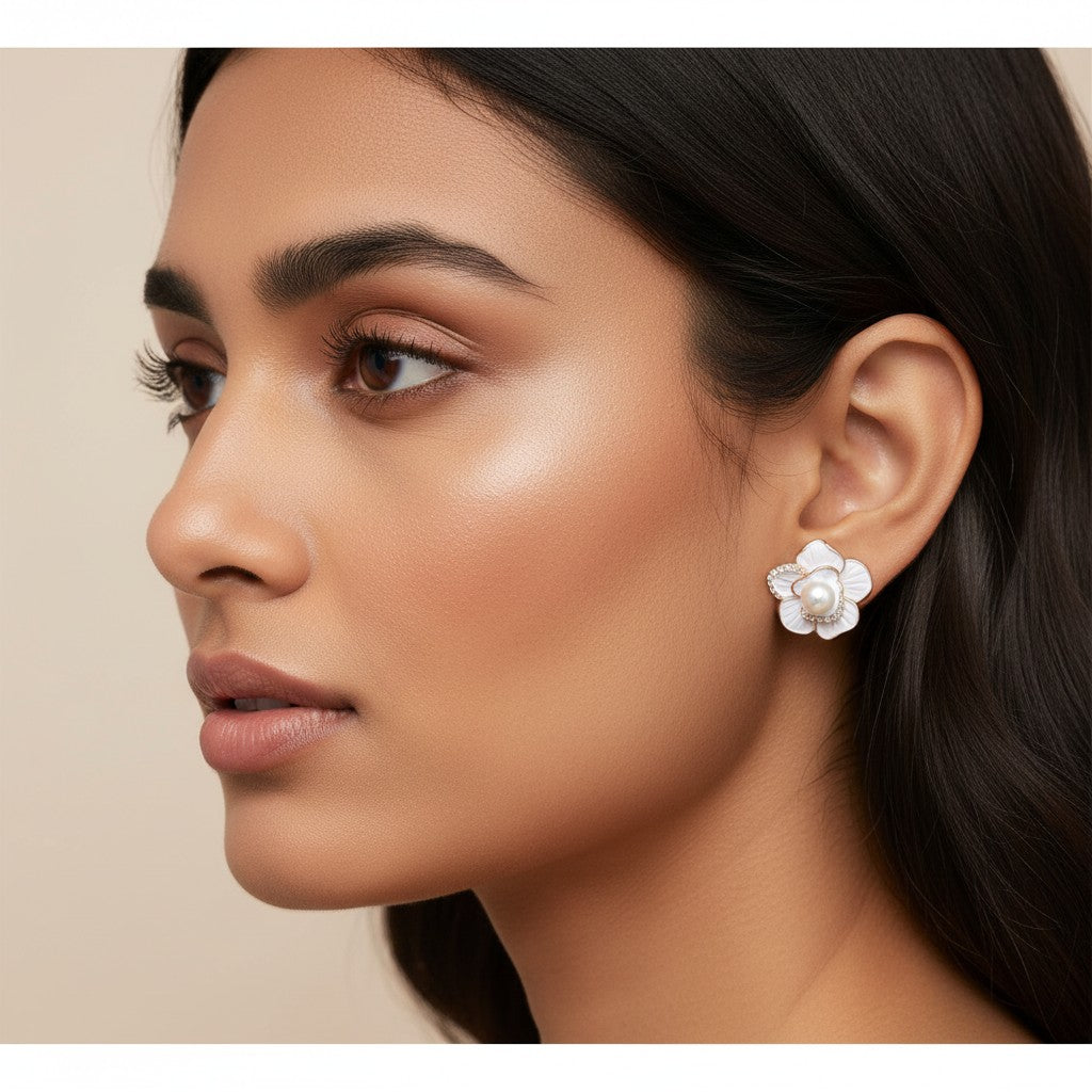 Siora Jewels White Blossom 925 Silver Earrings for Women | Rhodium Finish with Enamel Floral & Pearl Detailing