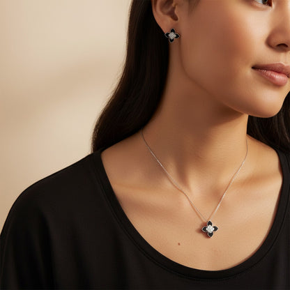 Siora Jewels Noir Bloom 925 Sterling Silver Jewellery Set for Women | Rhodium Finish with Black Enamel Floral Design & Zircon Detailing