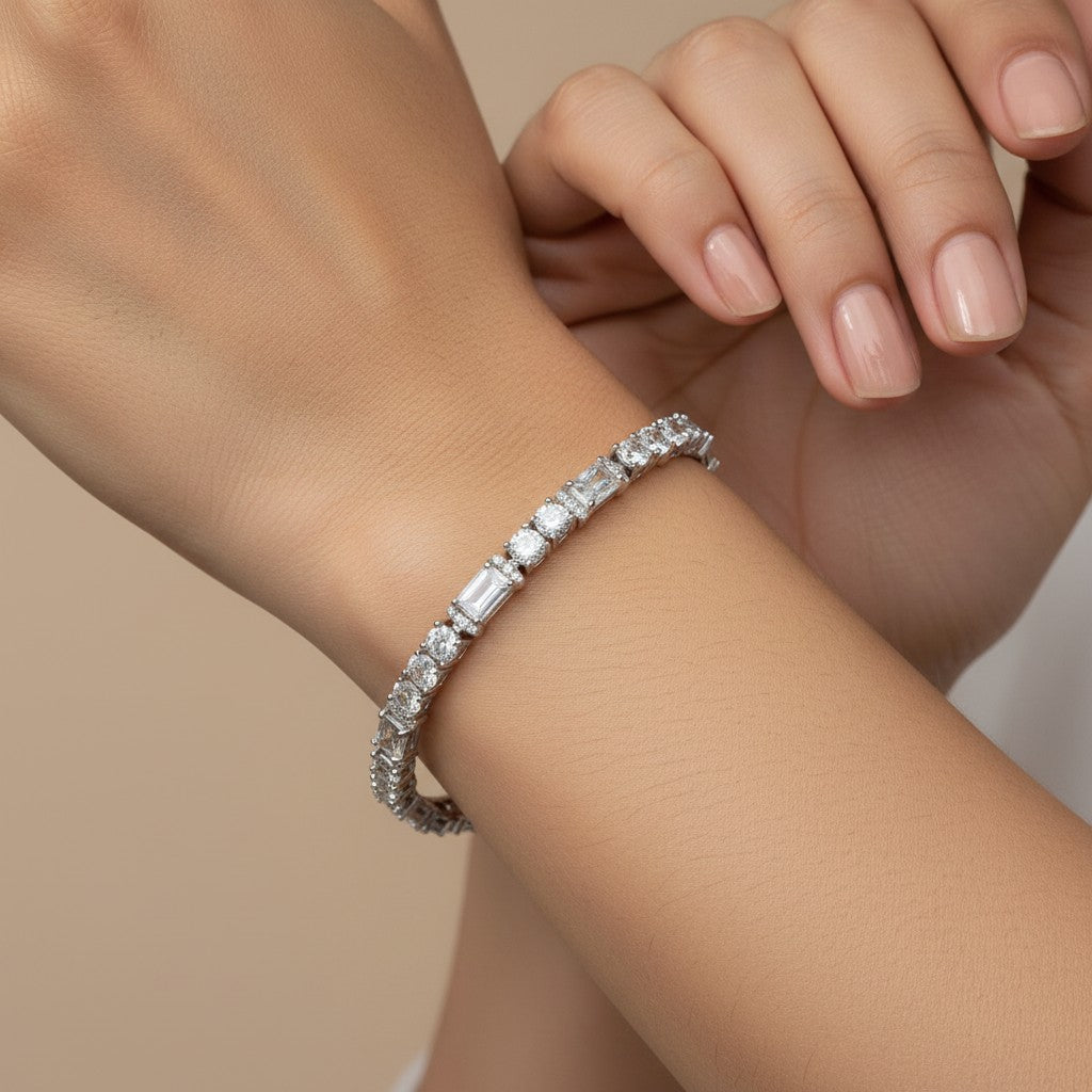 Siora Classic Tennis 925 Silver Bracelet – Rhodium Finish | Zircon Detailing