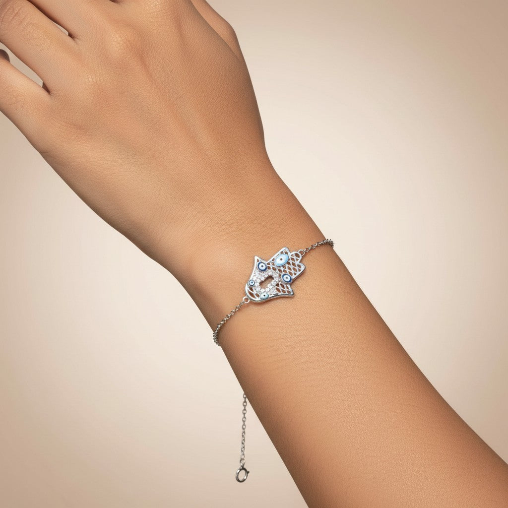 Siora Jewels Evil Eye Multi-Charm 925 Silver Bracelet for Women | Rhodium Finish with Enamel & Zircon Detailing